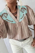Western Pony Embroidered Yoke Puff Sleeve Gingham Blouse