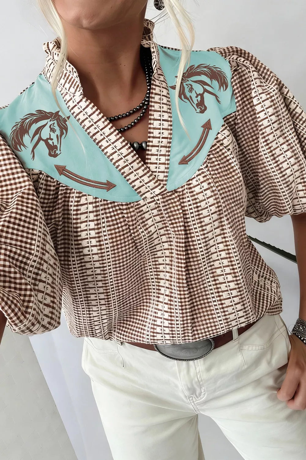 Western Pony Embroidered Yoke Puff Sleeve Gingham Blouse