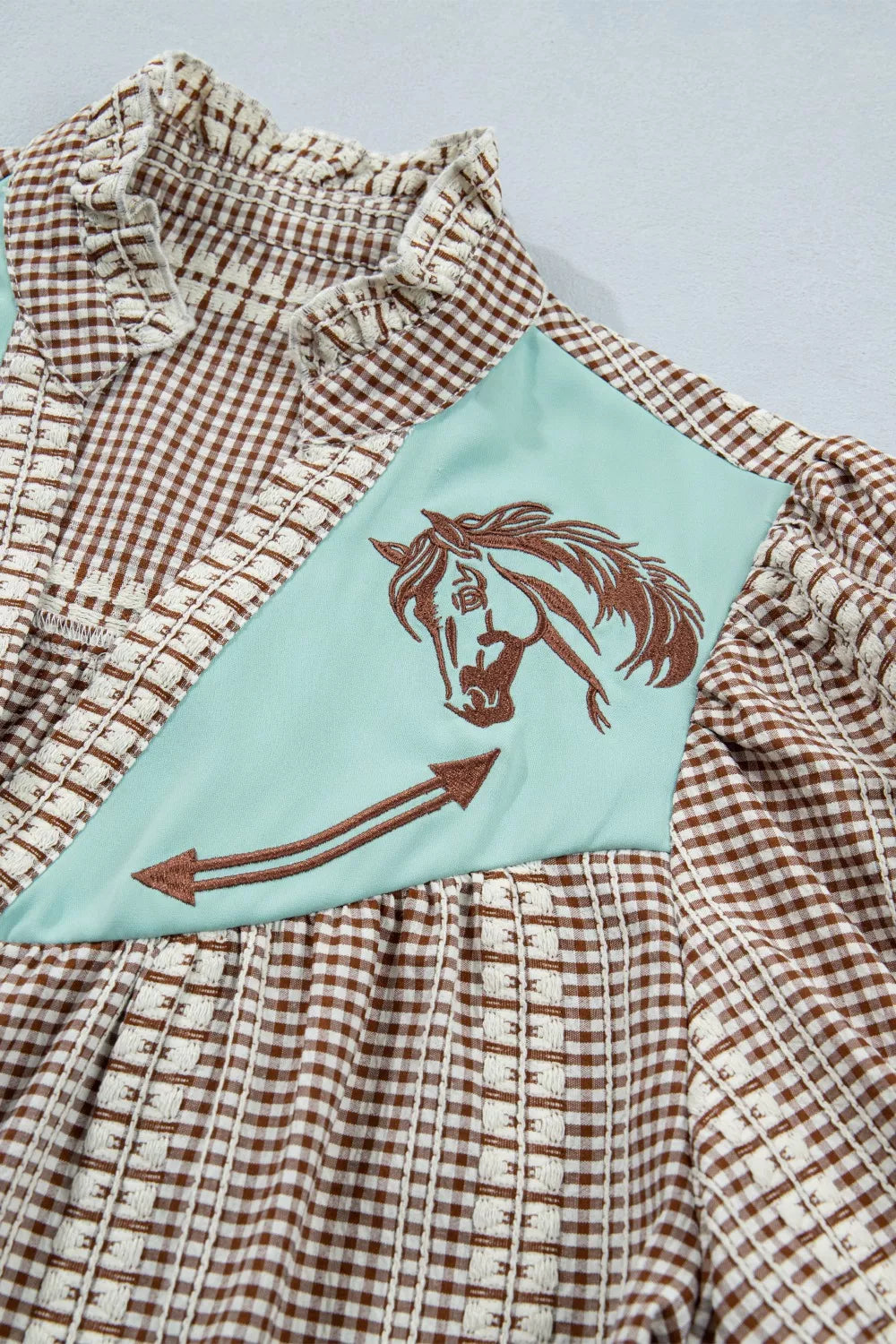 Western Pony Embroidered Yoke Puff Sleeve Gingham Blouse