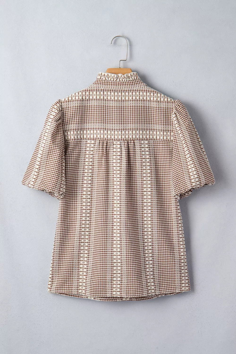 Western Pony Embroidered Yoke Puff Sleeve Gingham Blouse