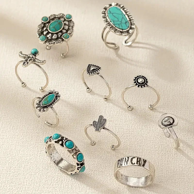 10pcs Trendy Western Style Rings Set for Women Men Vintage Turquoise Bull Head Lotus Sun Design Ring Daily Outfits Jewelry Gifts