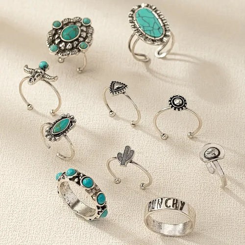 10pcs Trendy Western Style Rings Set for Women Men Vintage Turquoise Bull Head Lotus Sun Design Ring Daily Outfits Jewelry Gifts
