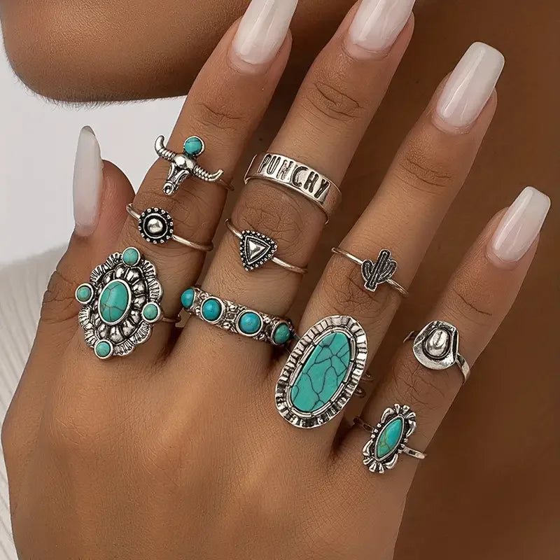 10pcs Trendy Western Style Rings Set for Women Men Vintage Turquoise Bull Head Lotus Sun Design Ring Daily Outfits Jewelry Gifts