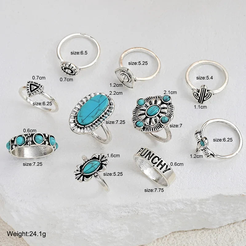 10pcs Trendy Western Style Rings Set for Women Men Vintage Turquoise Bull Head Lotus Sun Design Ring Daily Outfits Jewelry Gifts