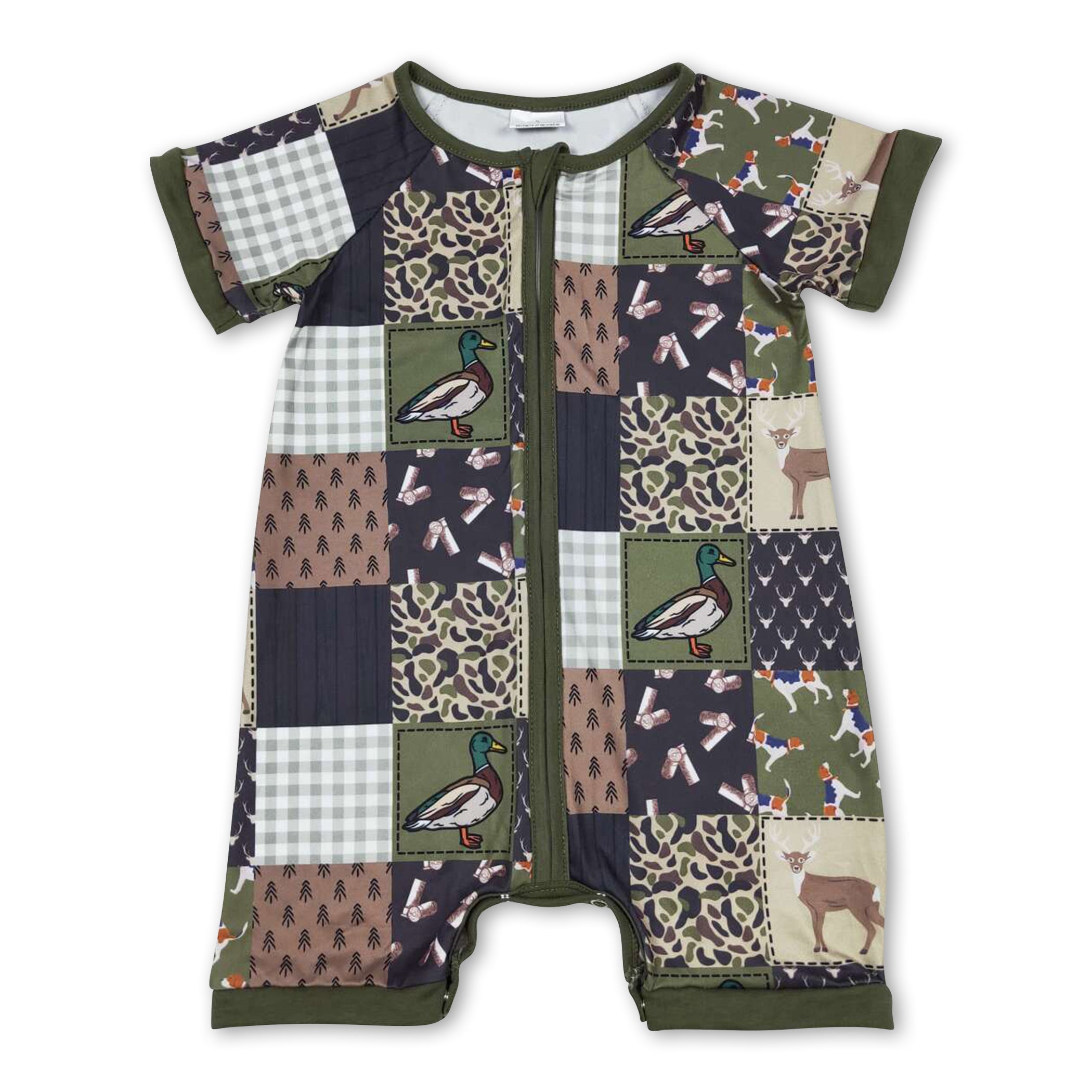 Olive duck dog deer patchwork baby boy romper