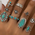 10pcs Trendy Western Style Rings Set for Women Men Vintage Turquoise Bull Head Lotus Sun Design Ring Daily Outfits Jewelry Gifts