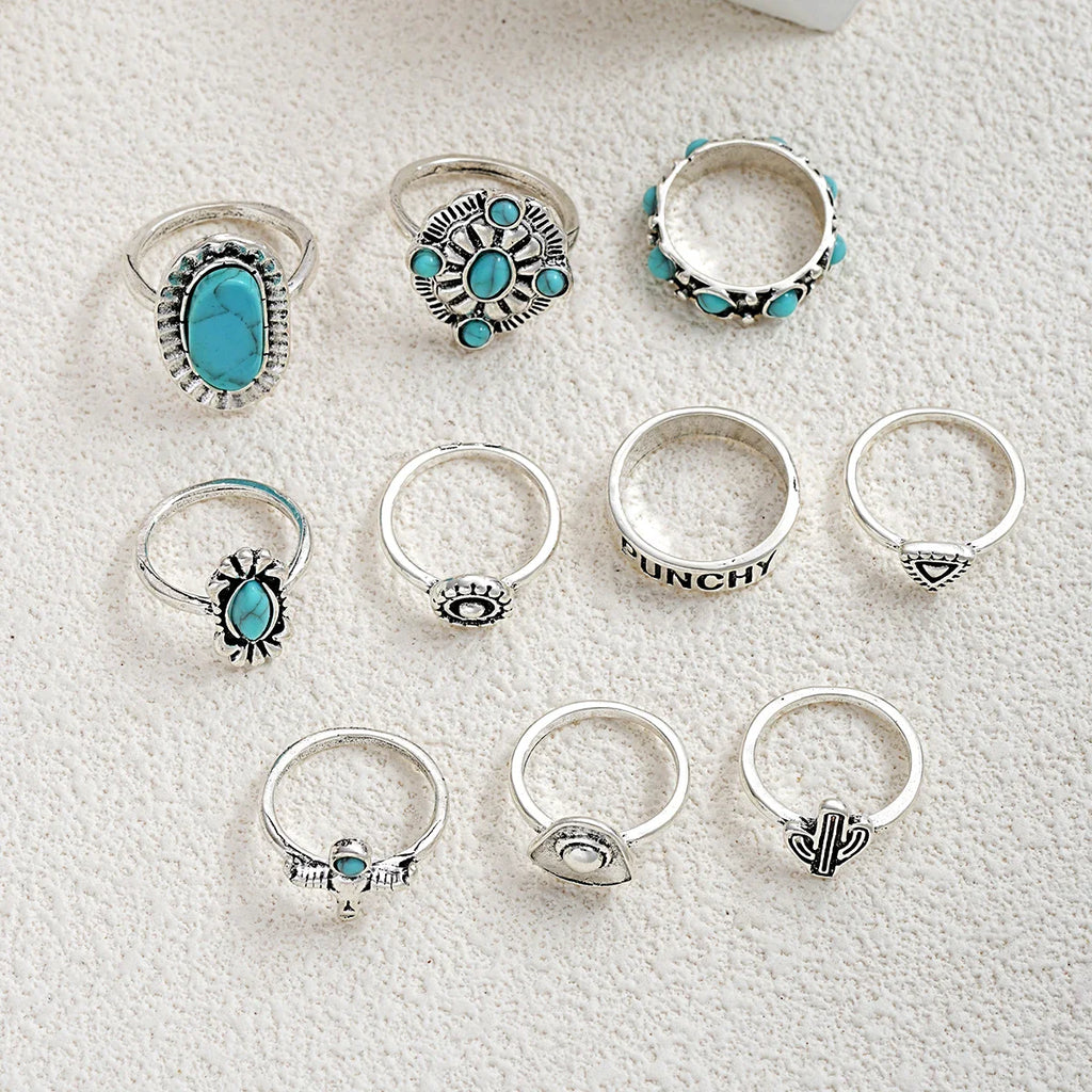 10pcs Trendy Western Style Rings Set for Women Men Vintage Turquoise Bull Head Lotus Sun Design Ring Daily Outfits Jewelry Gifts