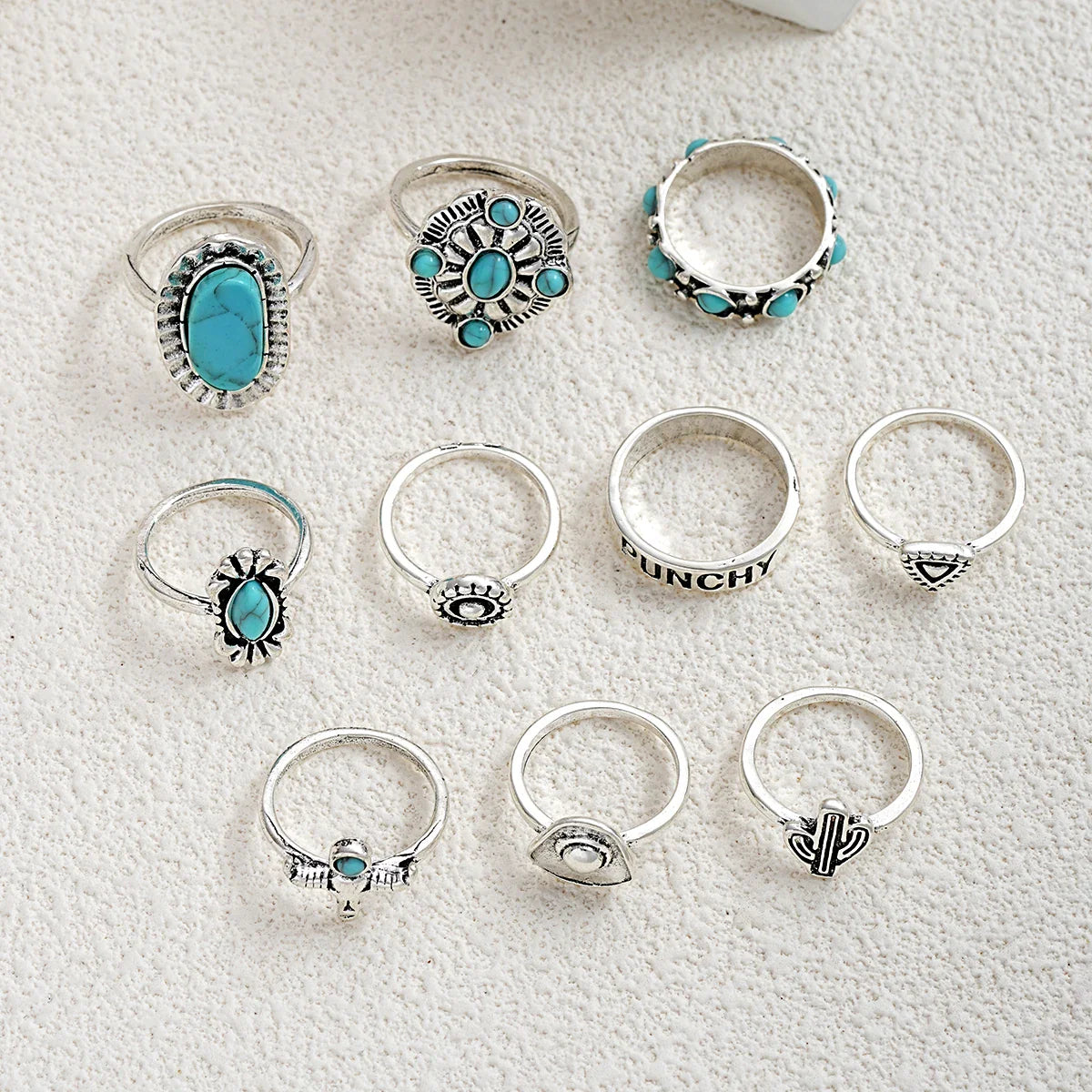 10pcs Trendy Western Style Rings Set for Women Men Vintage Turquoise Bull Head Lotus Sun Design Ring Daily Outfits Jewelry Gifts