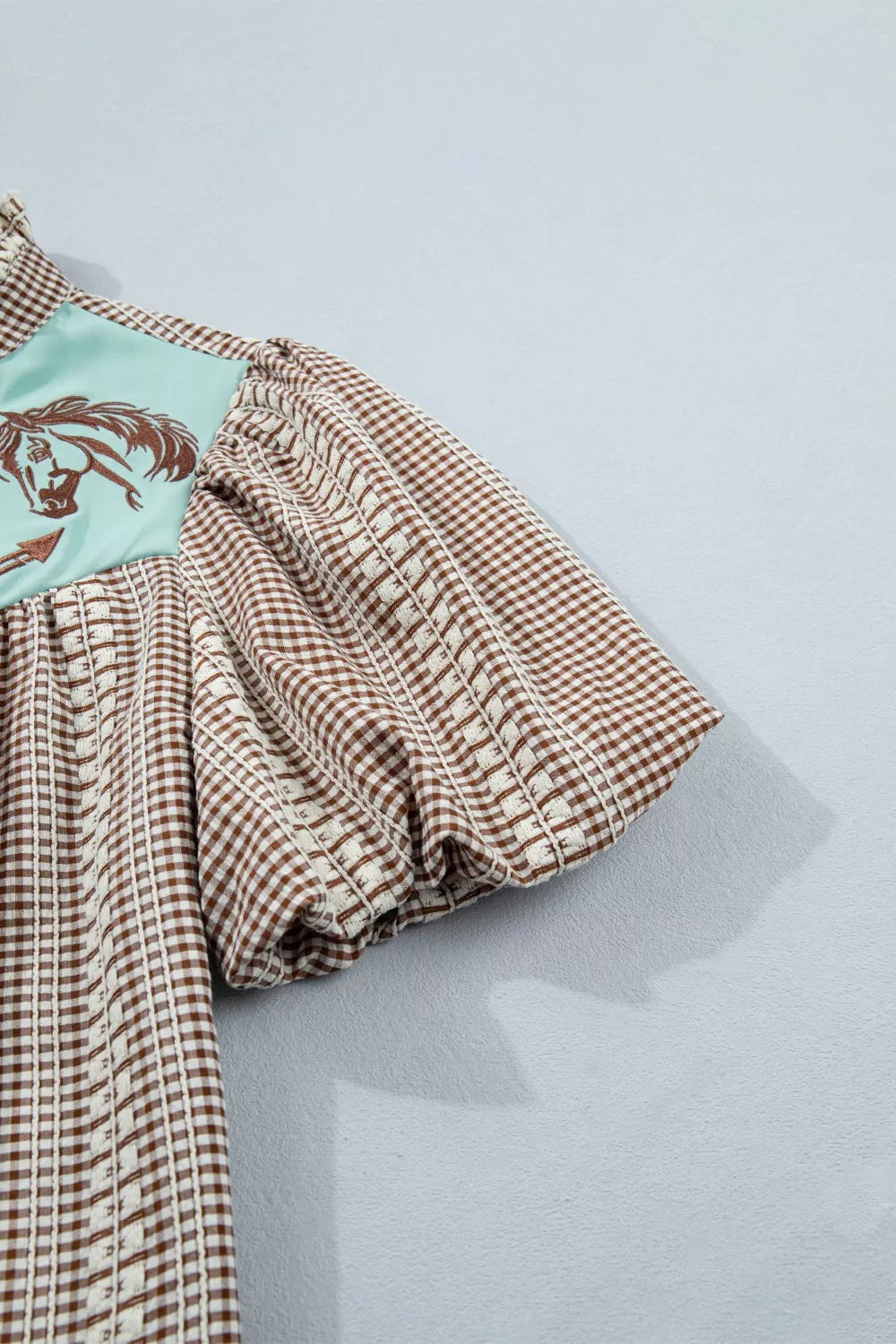 Western Pony Embroidered Yoke Puff Sleeve Gingham Blouse